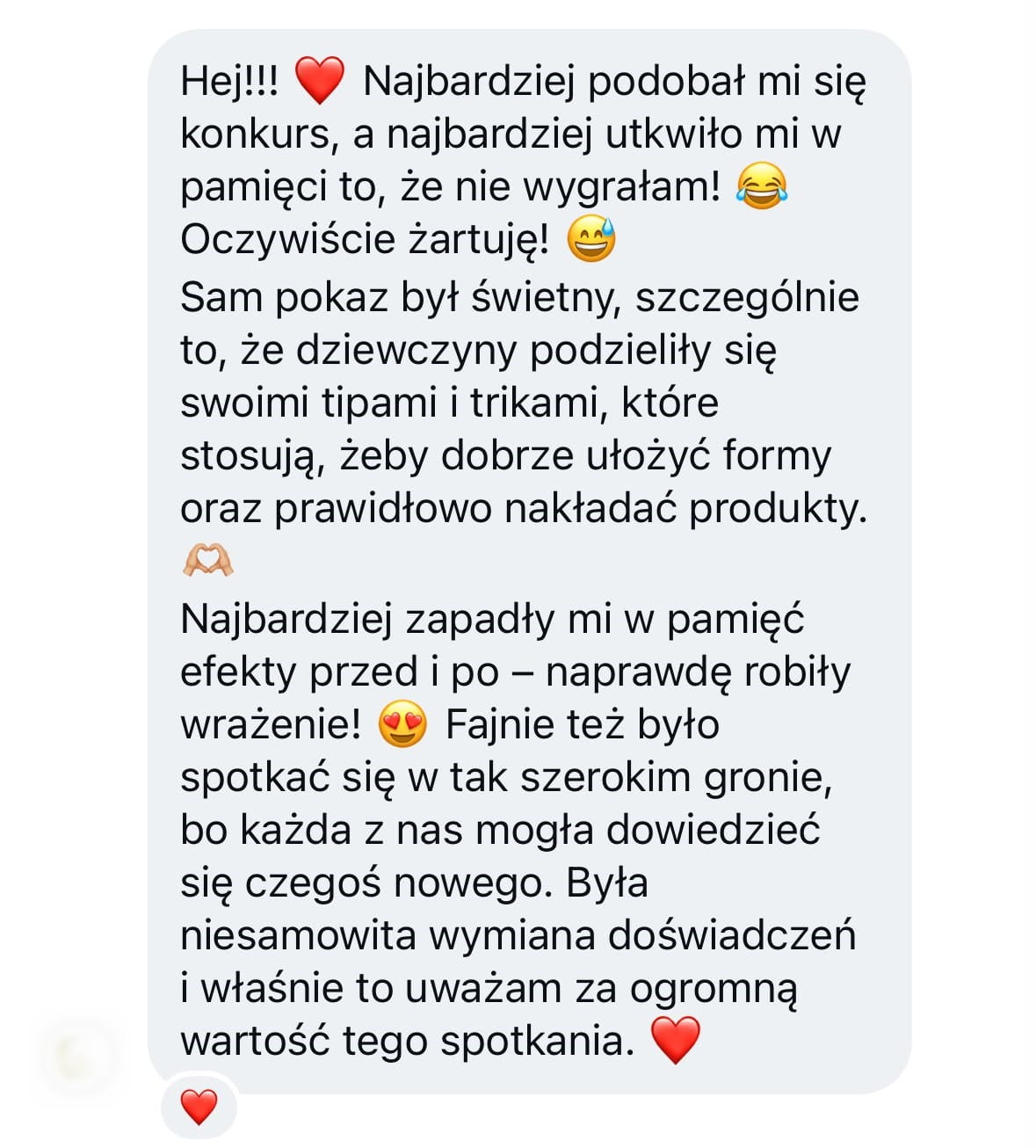 Zanonimizowana opinia uczestniczki po Wieczorze z Rzęsami
